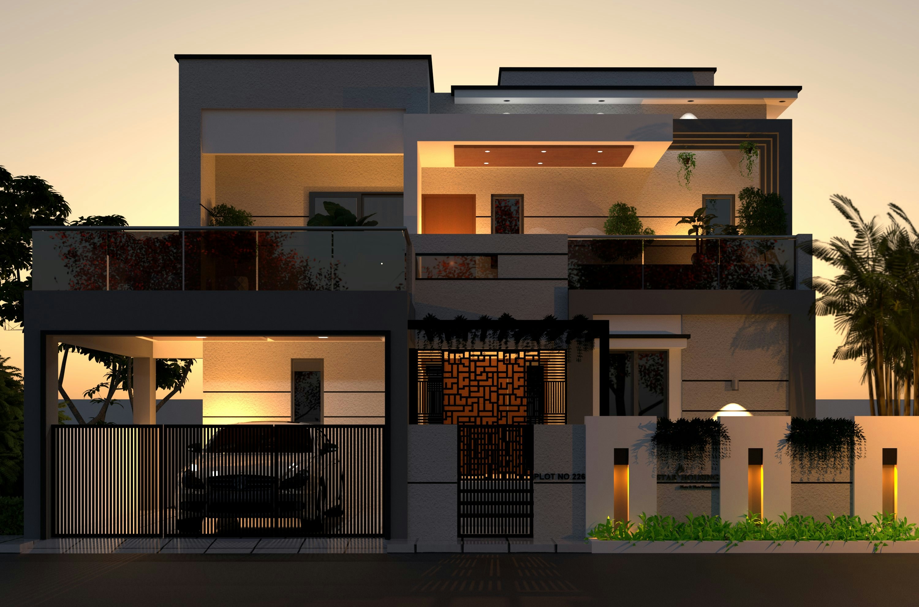 Modern home illuminated at dusk